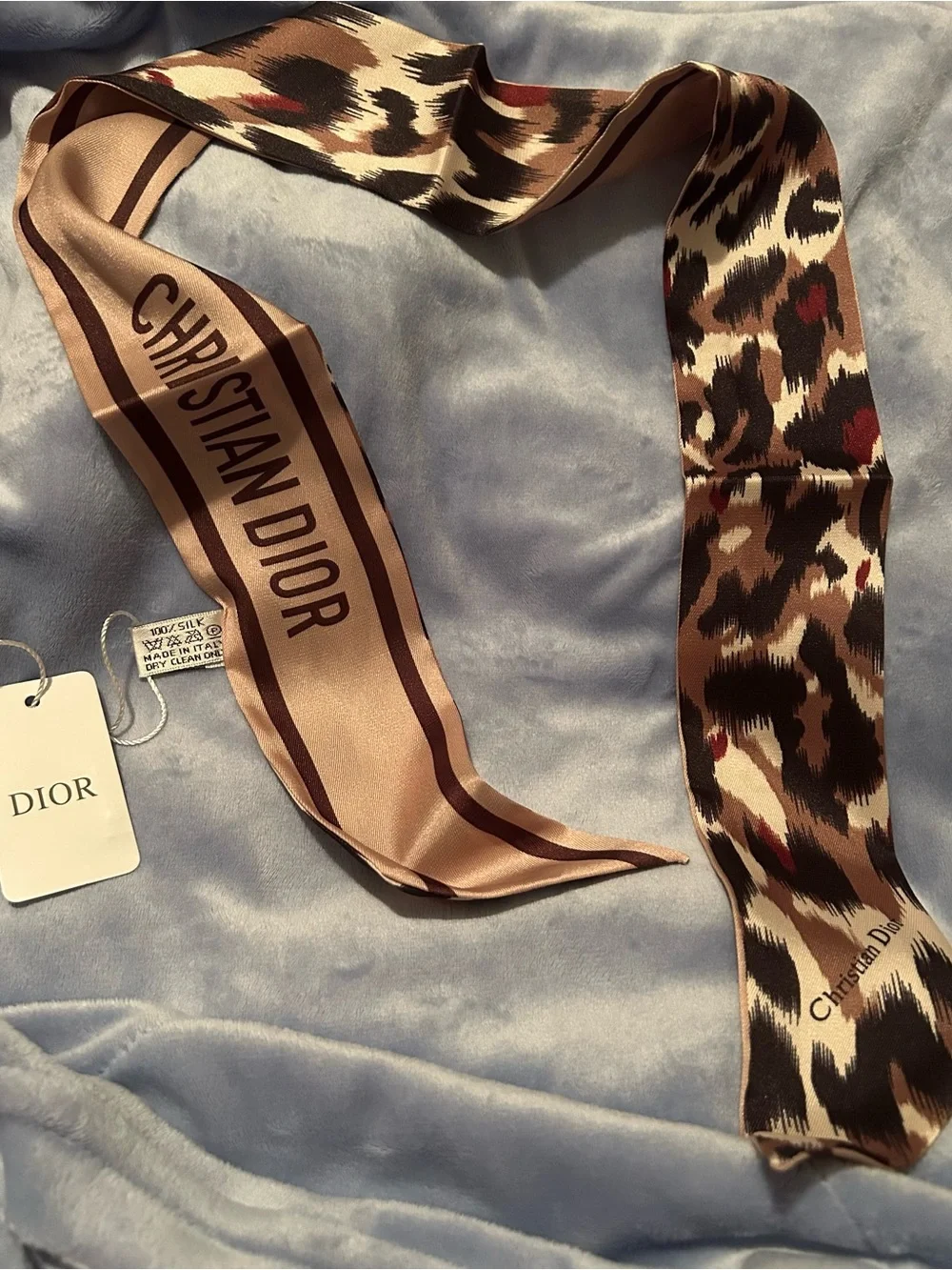 CD Brown Leopard Print Silk Twilly Scarf